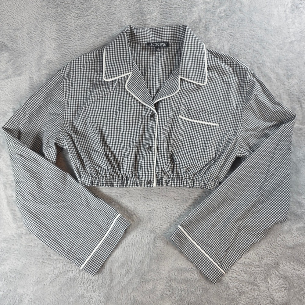 J.Crew Women Small Black Gingham Cropped Button Up Top Pajama Style Piping